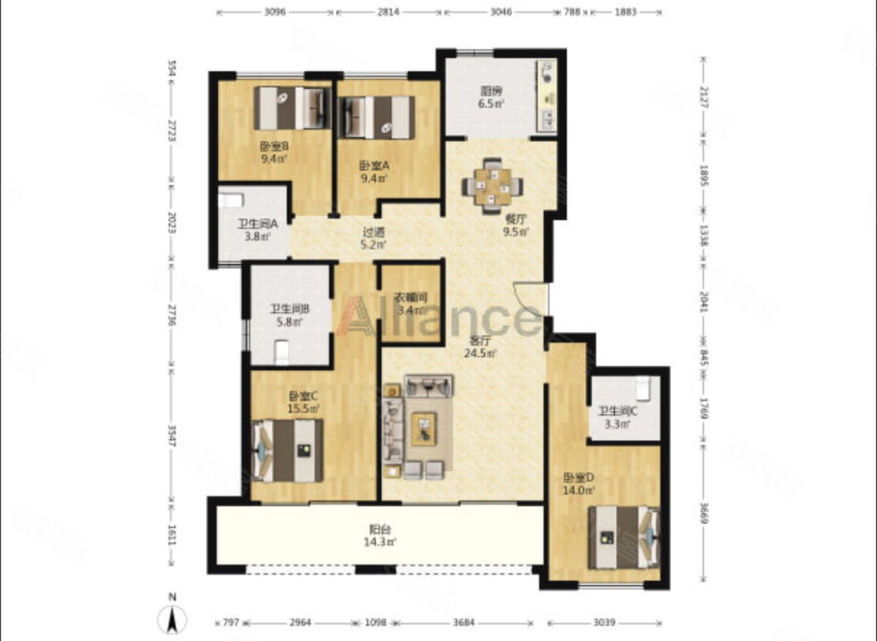 大公府4室2厅3卫165㎡南北375万