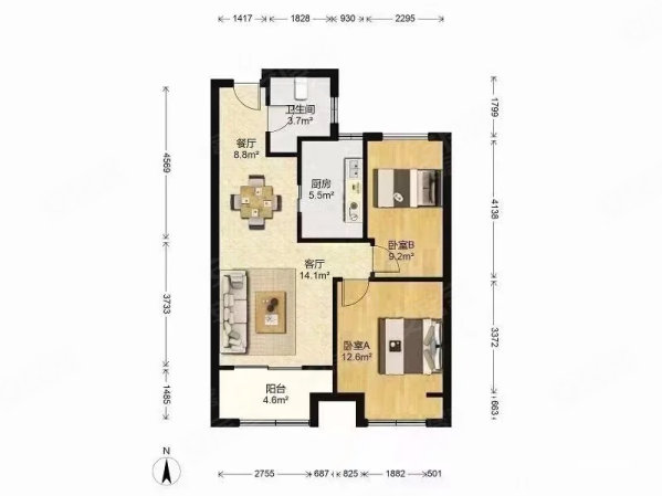 天健萃园2室2厅1卫74.36㎡南北90万