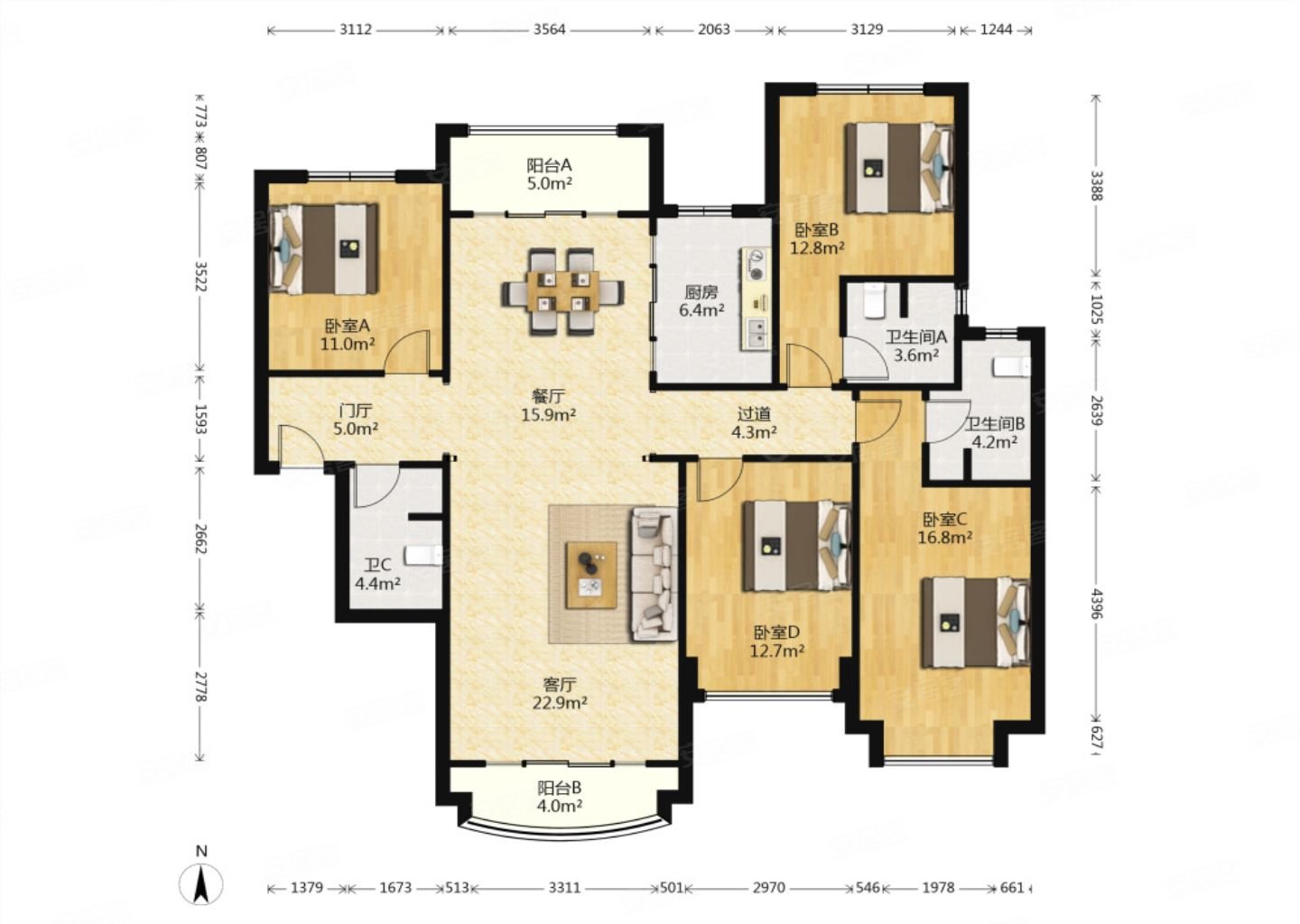 星河湾4室2厅3卫169㎡南北288万