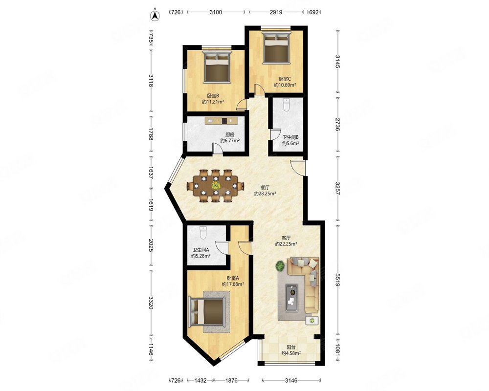 加州水郡(东区)3室2厅2卫144.15㎡南北350万