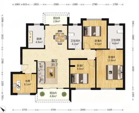 广电兰亭盛荟(四期)4室2厅2卫119.81㎡南北154万