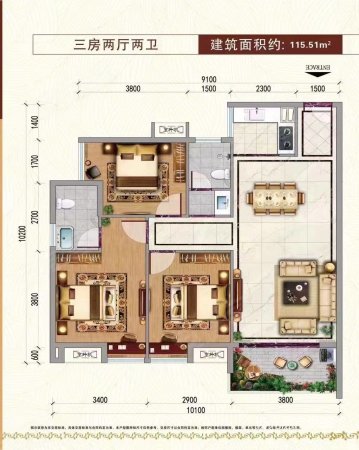 丽景新城3室2厅2卫103.53㎡南北65.7万