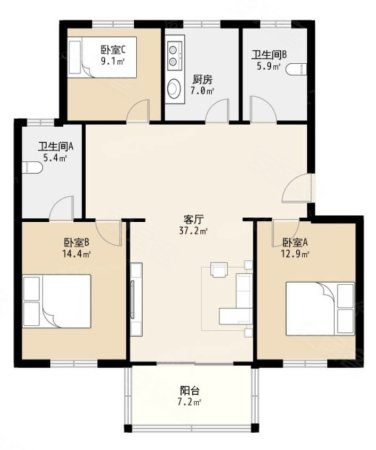 保利堂悦3室2厅2卫89㎡南北138万