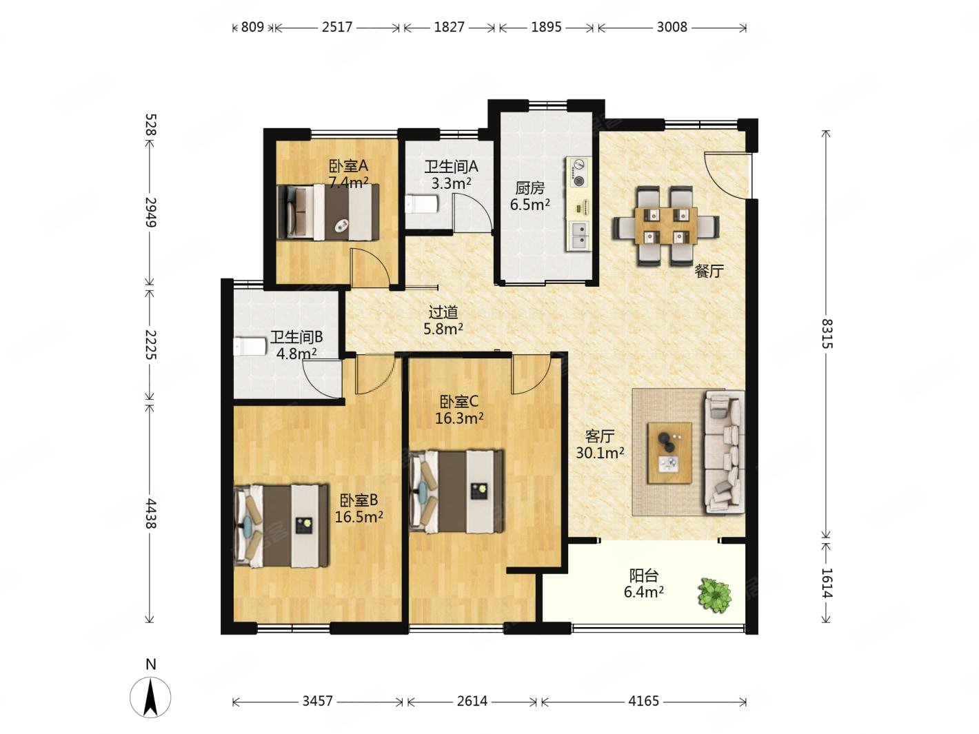 白马公馆3室2厅2卫119.93㎡南162万