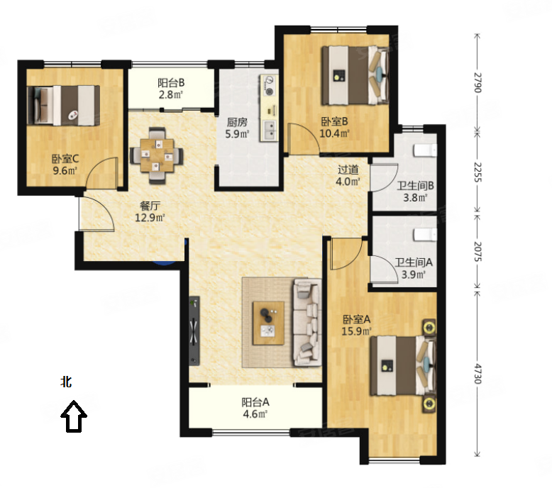 雍雅锦江3室2厅2卫129