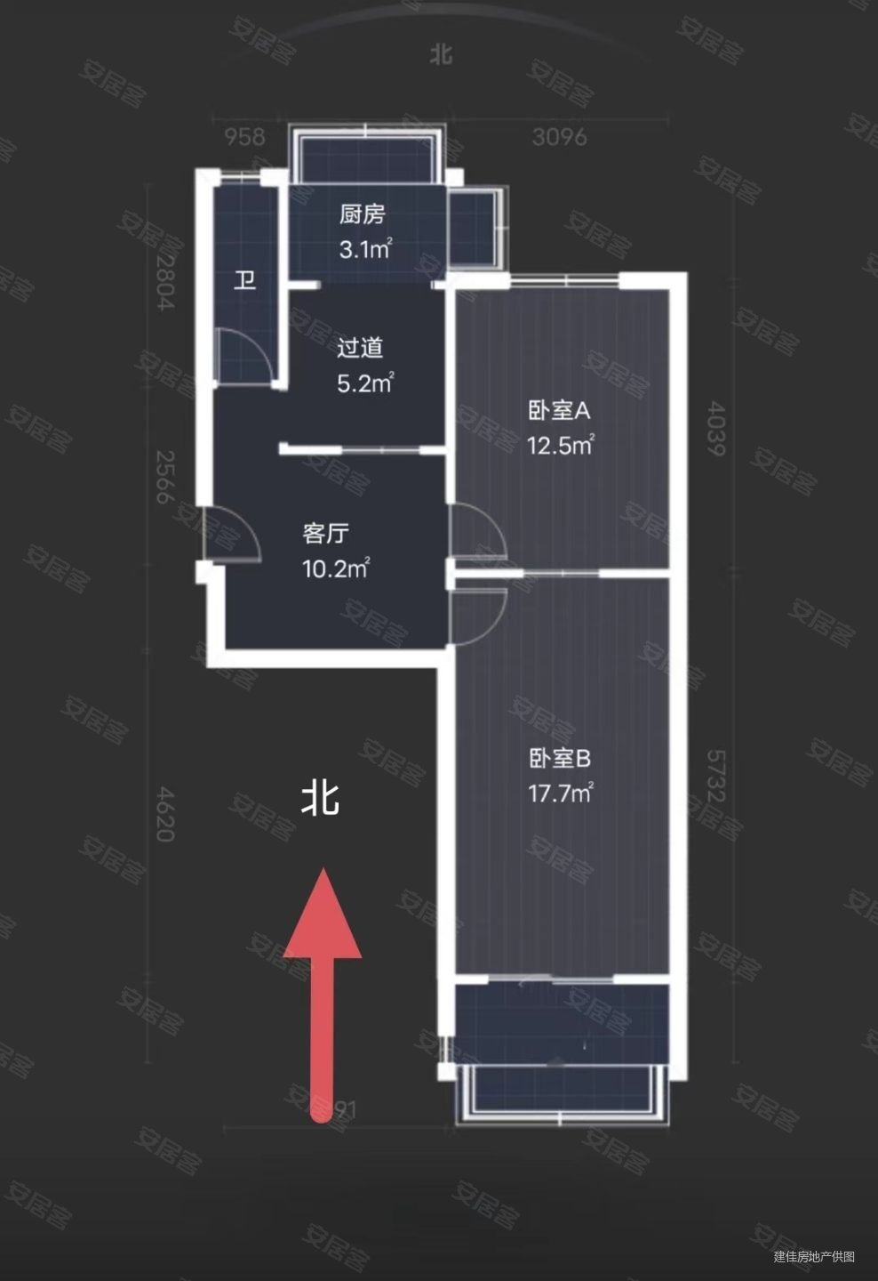 二印宿舍(建国路)2室1厅1卫65.59㎡南北120万