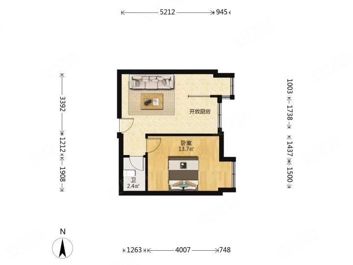 美舍公寓2室1厅1卫34.47㎡南北36万