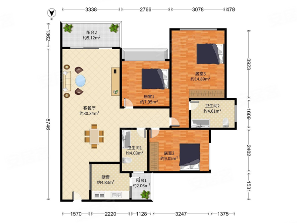 龙光玖龙山3室2厅2卫97㎡南北78万