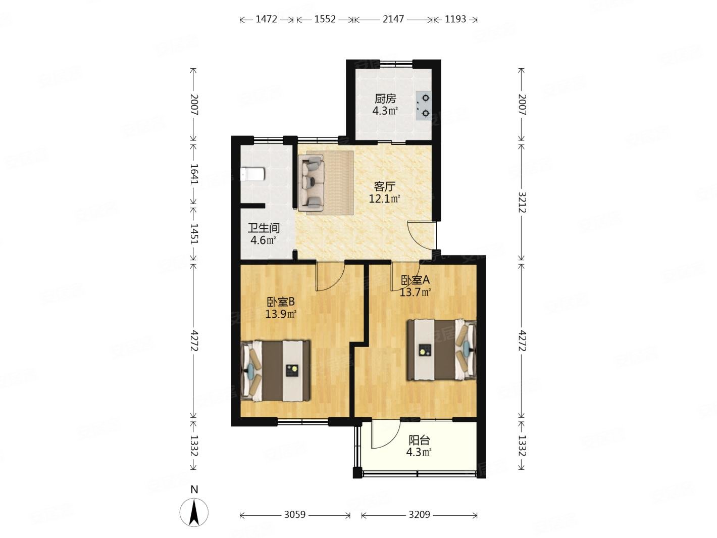 金盛花园二房双卧朝南全明户型有储藏室