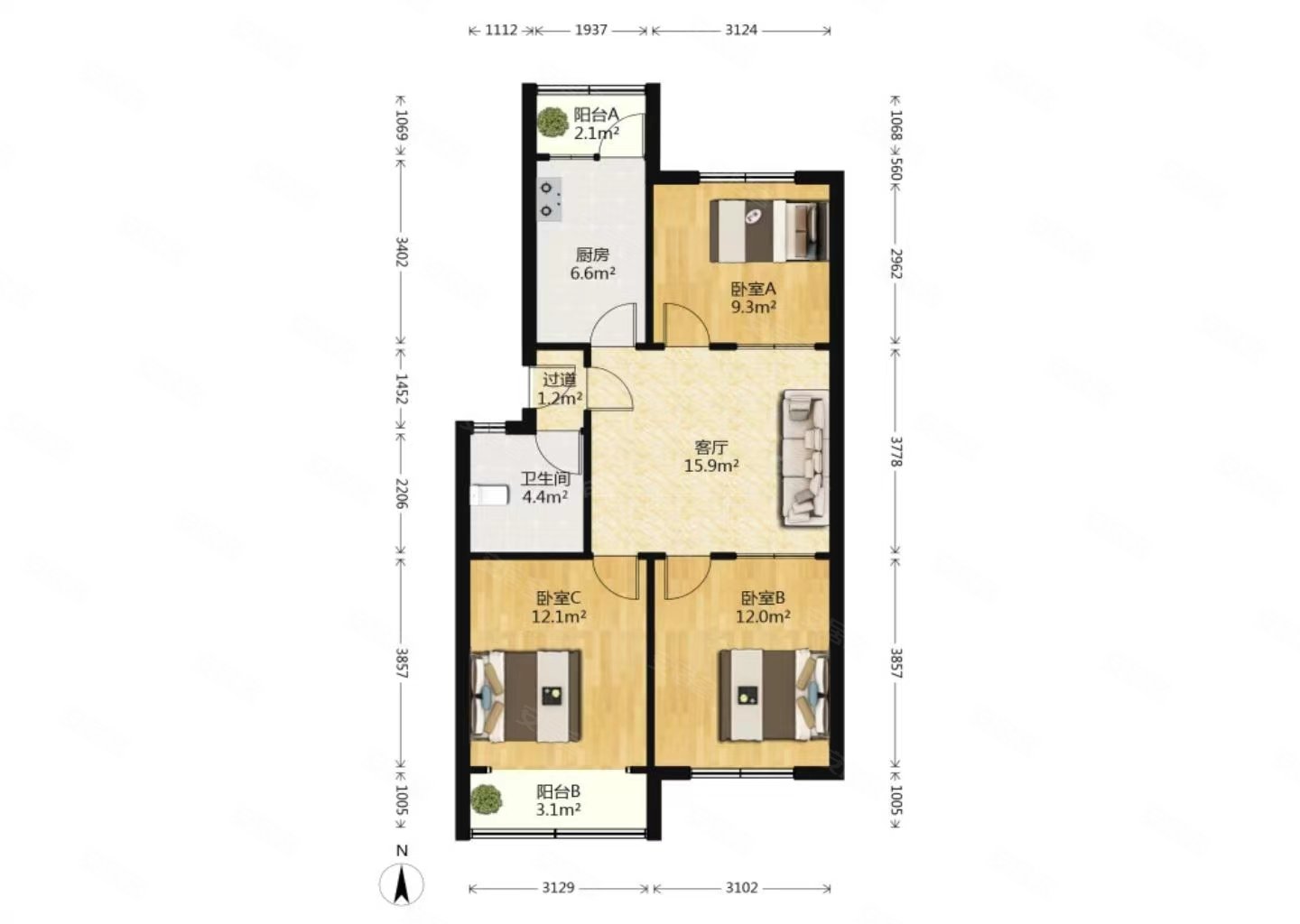 和平家园中间楼层90平66万已改套三随时看房
