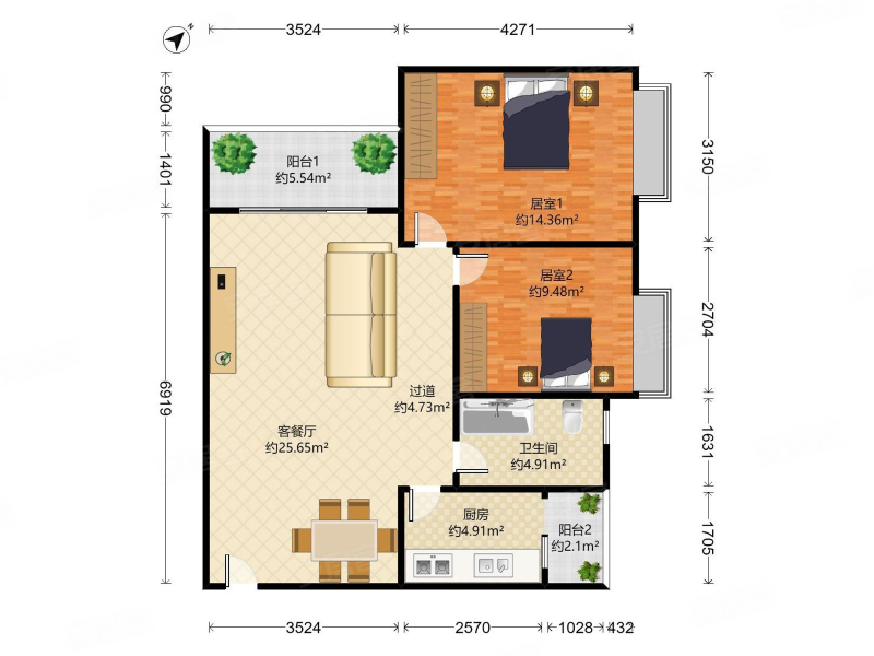 湖景居2室2厅1卫85㎡南北530万