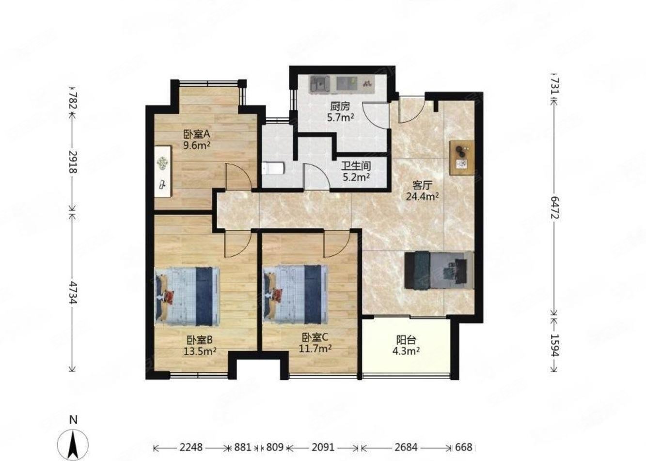 满二 停车方便,复地宴南都二手房,445万,3室2厅,1卫,98平米-南京安居