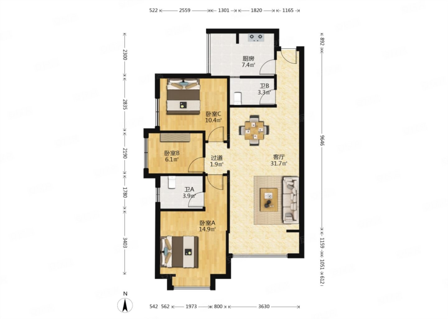 配套成熟 户型端正 拎包入住,上海城二手房,106万,3室2厅,2卫,102.