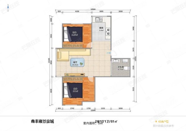 鑫丰雍景豪城2室1厅1卫80.84㎡南北82万