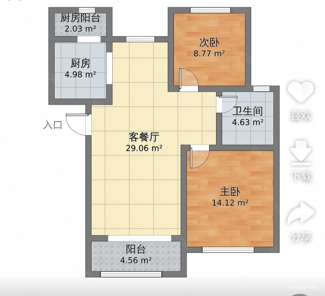 玉龙公馆2室2厅1卫86㎡南北53万