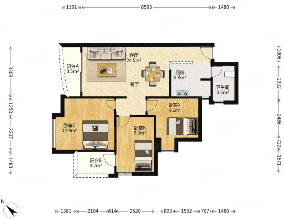 翠城花园3室2厅1卫96㎡南北525万