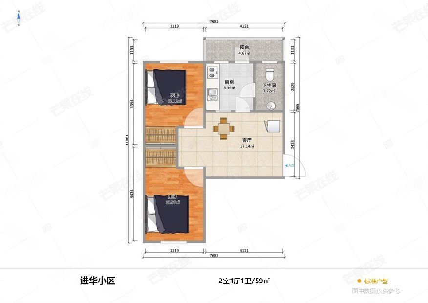 进华社区2室1厅1卫58.79㎡南北46万