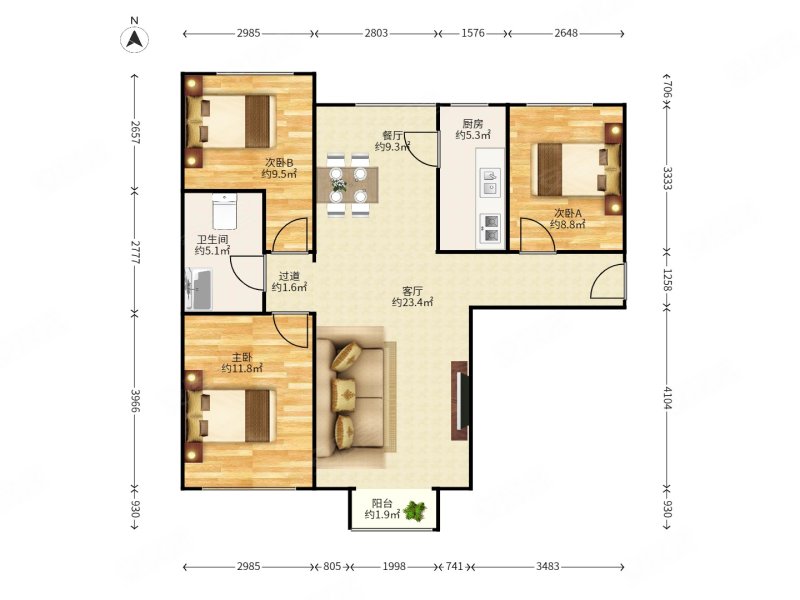 住总兴康家园3室2厅1卫107.48㎡南北391万