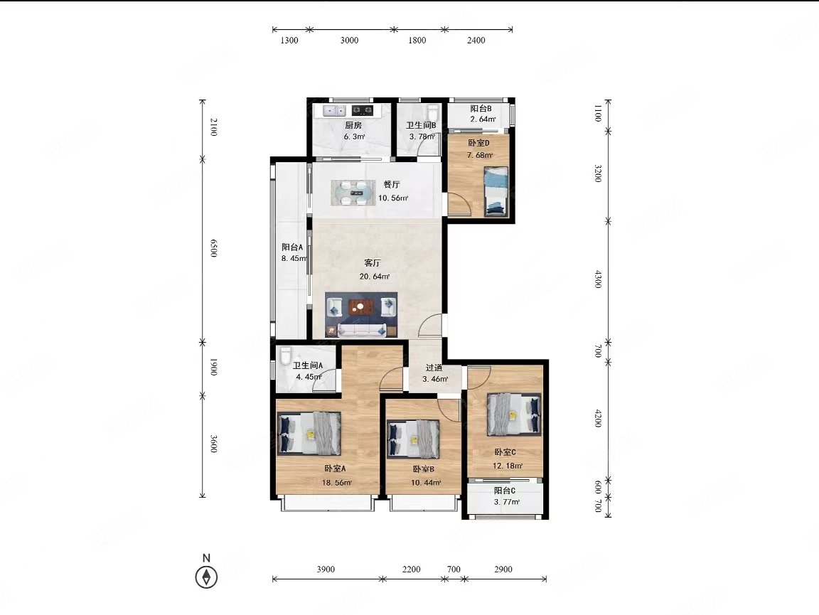 滨融府 纯边套 双卫格局 精装修 南向采光好 中间