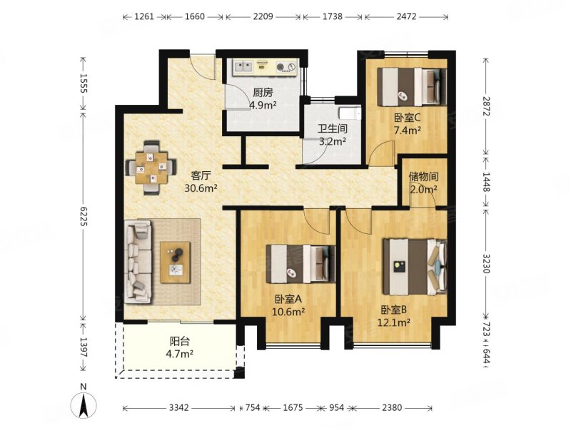 旭辉铂悦秦淮3室2厅1卫98.5㎡南北330万