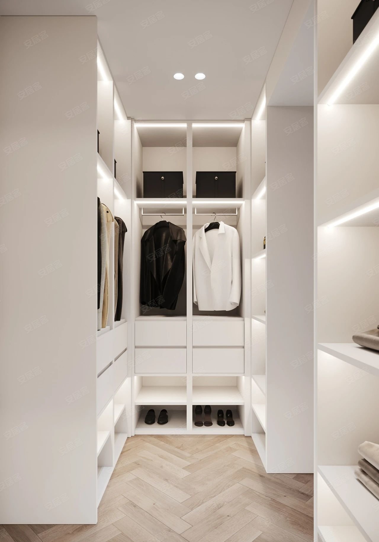 主卧步入式的衣帽间,白色简约的基调,各种收纳功能齐全.
