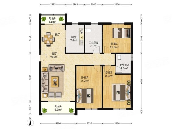 当代清水园3室2厅2卫158.55㎡南北1600万