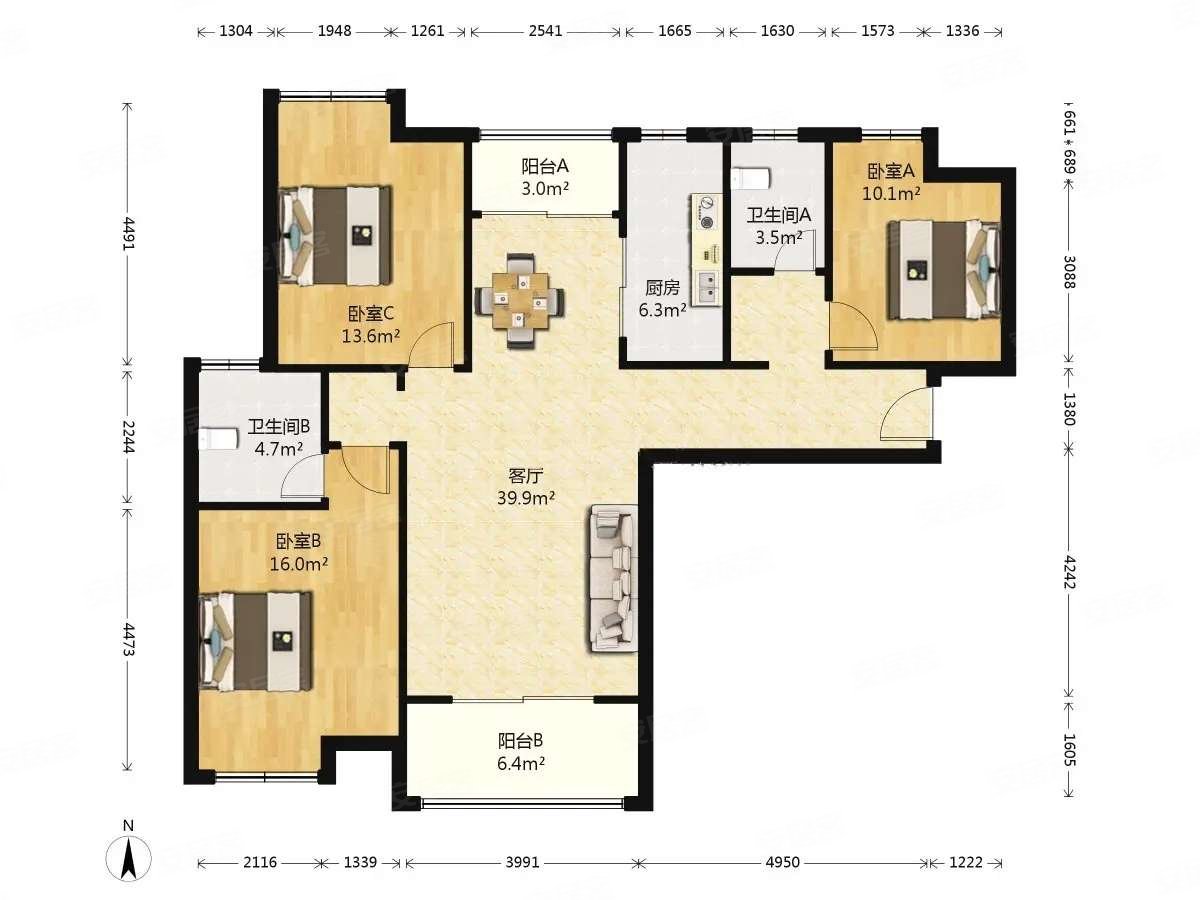雀梅花园3室2厅2卫133㎡南北208万