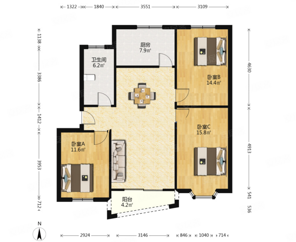 水岸星城3房南北通透多层2楼精装修拎包入住
