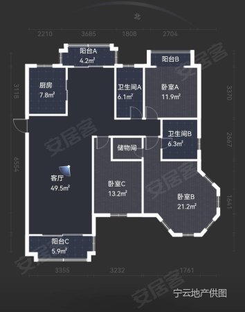 天元城3室2厅2卫152.54㎡南北304万