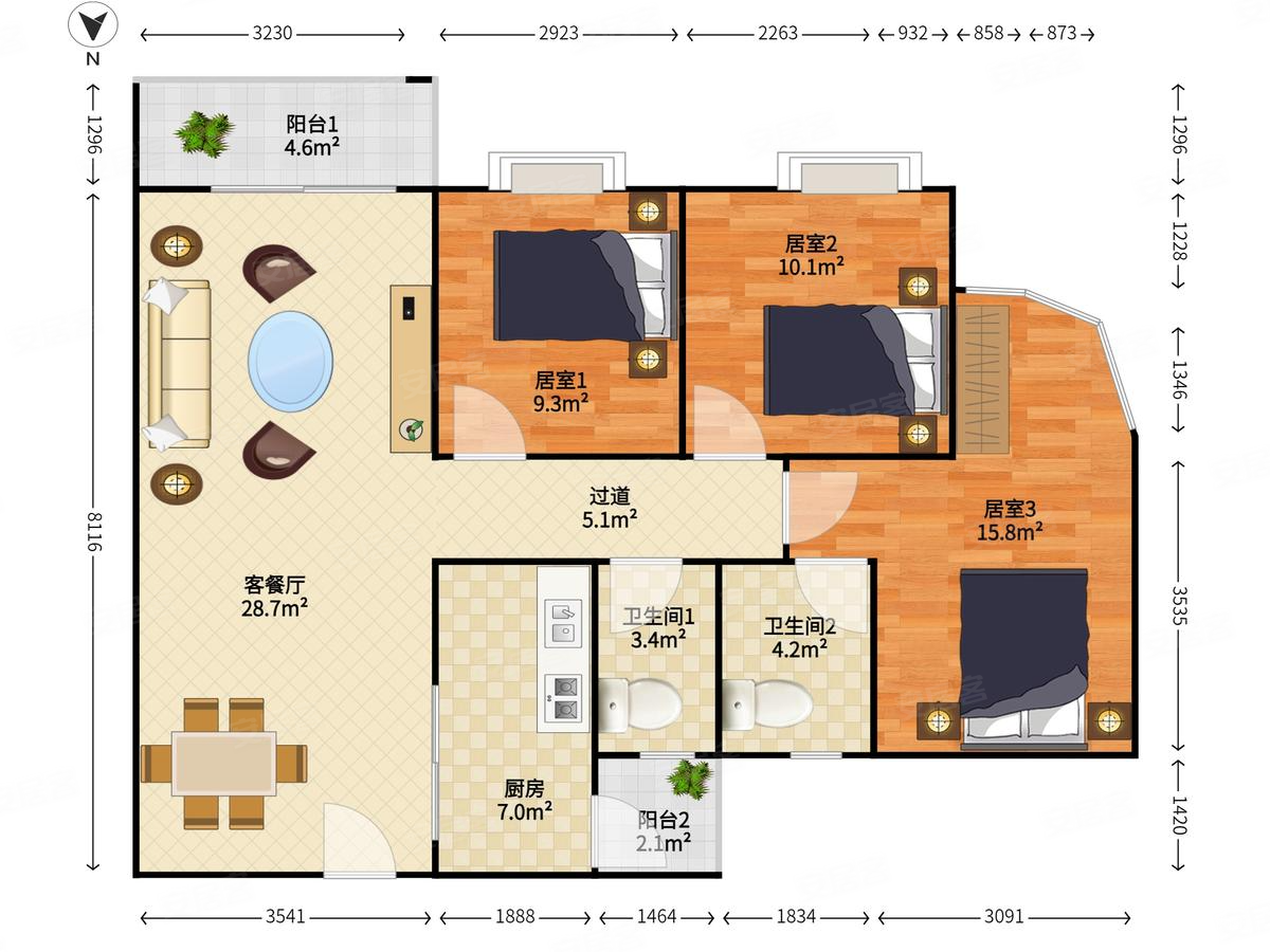 香荟雅苑3室2厅2卫100.14㎡南北0万