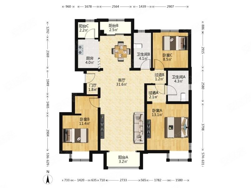 远洋一方润园2号院 纯商品房南北通透三居室 双明卫户型,远洋一方润园