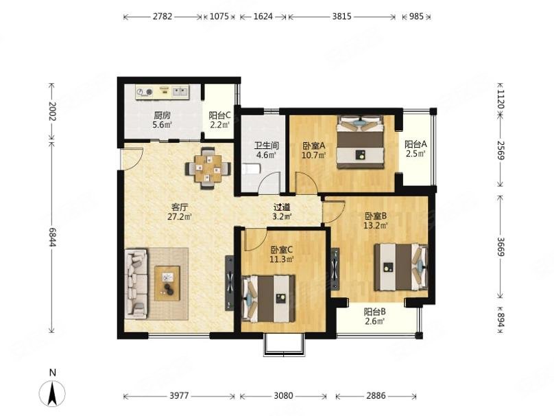 鸿业兴园一区双卧客厅朝南3室1厅明厨明卫采光好户型好