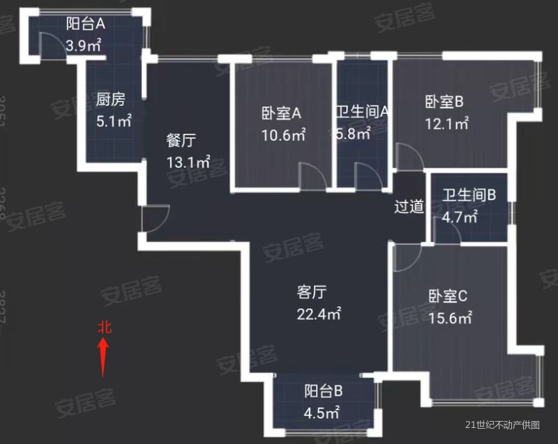 万达广场B1南区3室2厅2卫126.7㎡南北179万