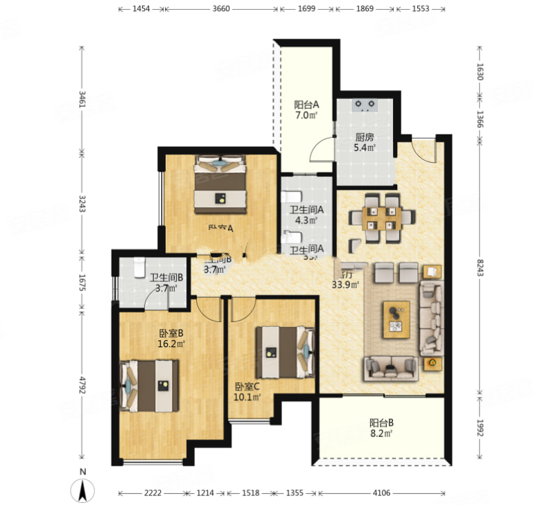 优品道曦岸3室2厅2卫93.5㎡南北400万