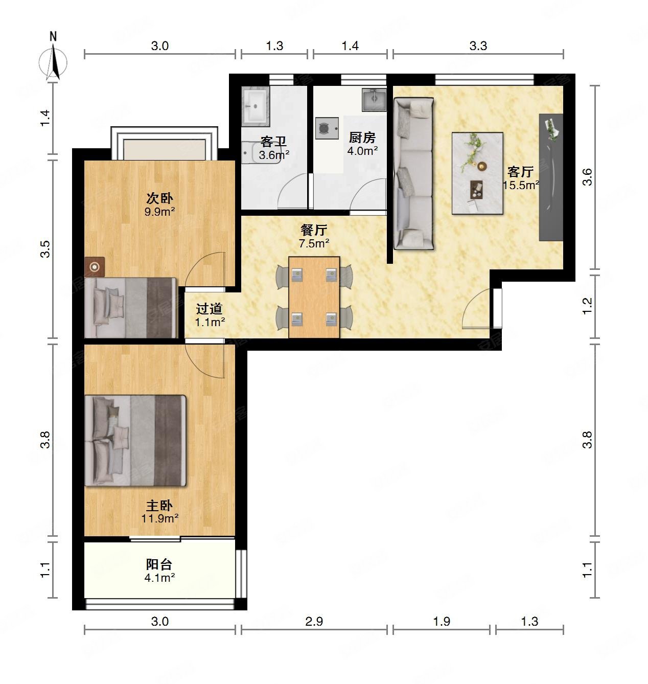 南北通透2室2厅1卫1阳台全南户型非常棒