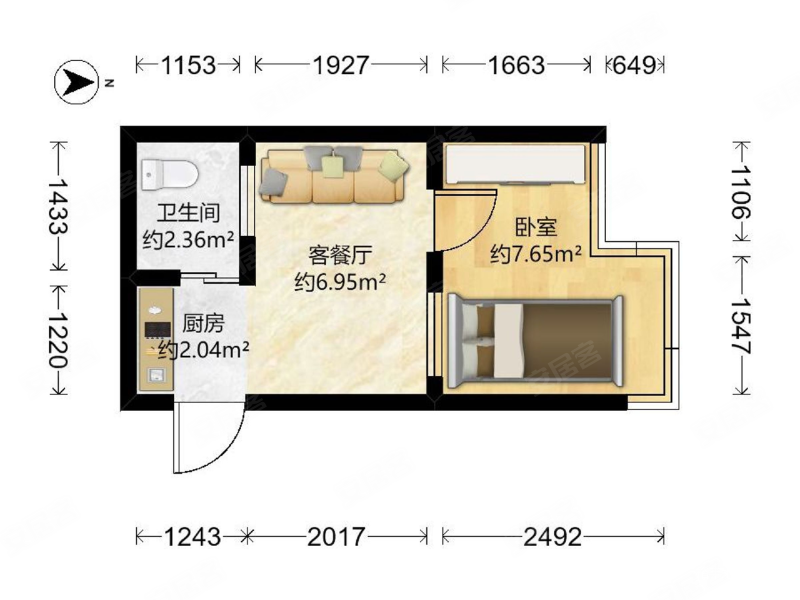 御景花园1室1厅1卫17.48㎡南56万