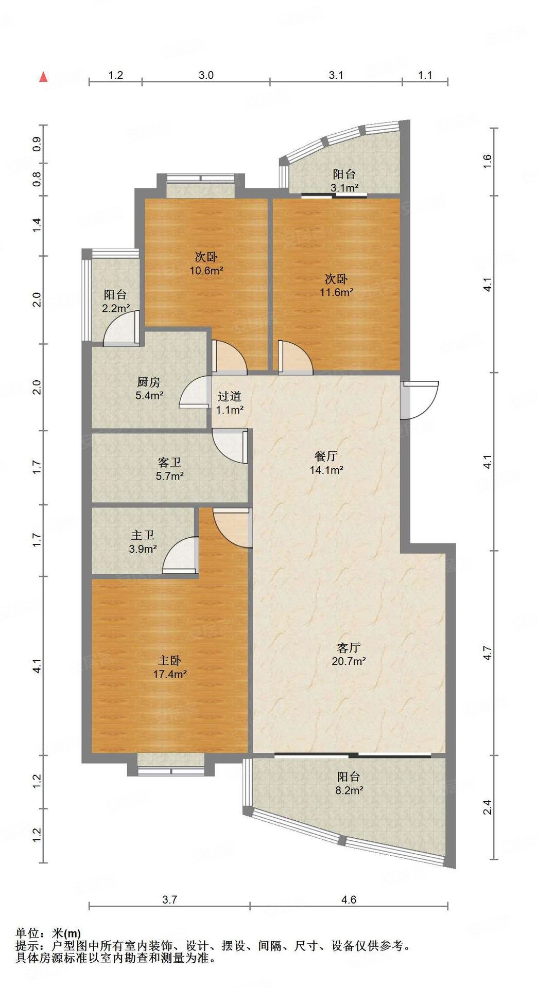 香江天第园3室2厅2卫115㎡南北83万