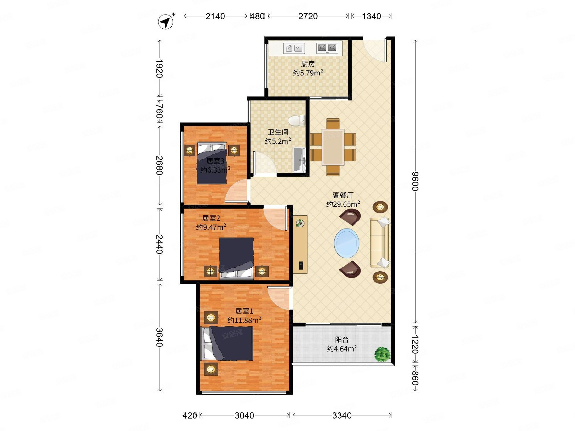 领翔华府3室2厅1卫85.92㎡南北398万