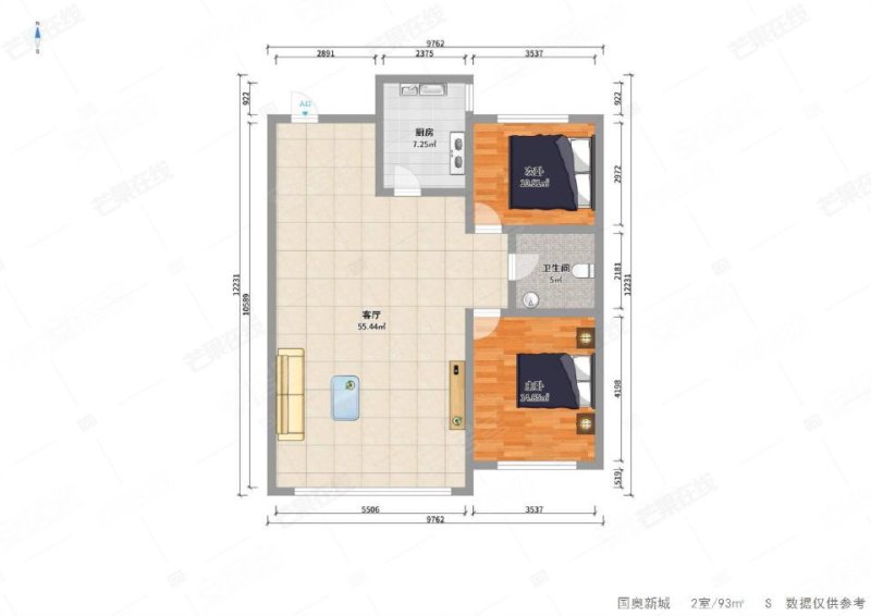 国奥新城2室2厅1卫93.42㎡南北35万