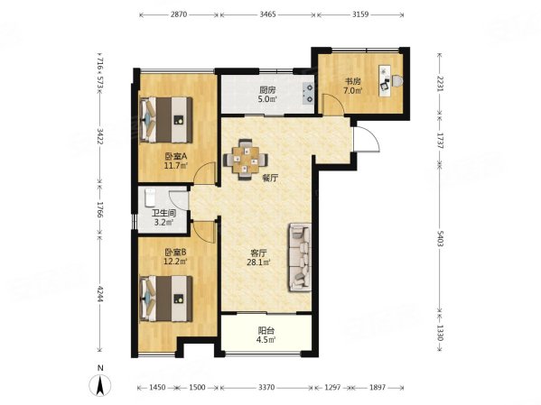 中航樾府3室2厅1卫85.23㎡南北232万