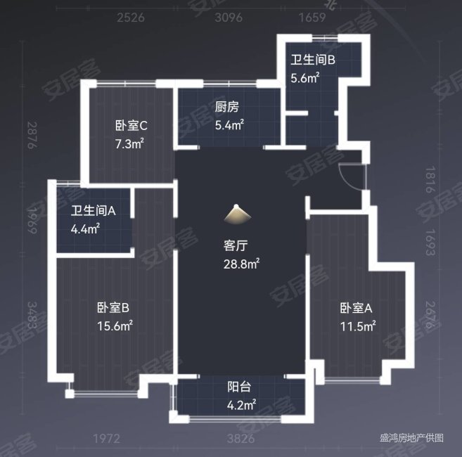 龙湖天璞3室2厅2卫106㎡南北171万