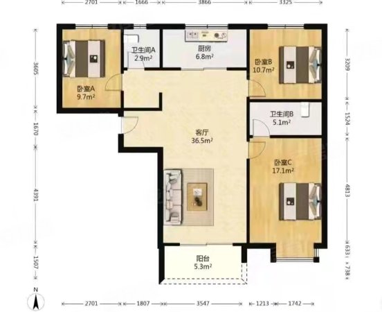 万科东方传奇3室2厅2卫118.97㎡南北255万