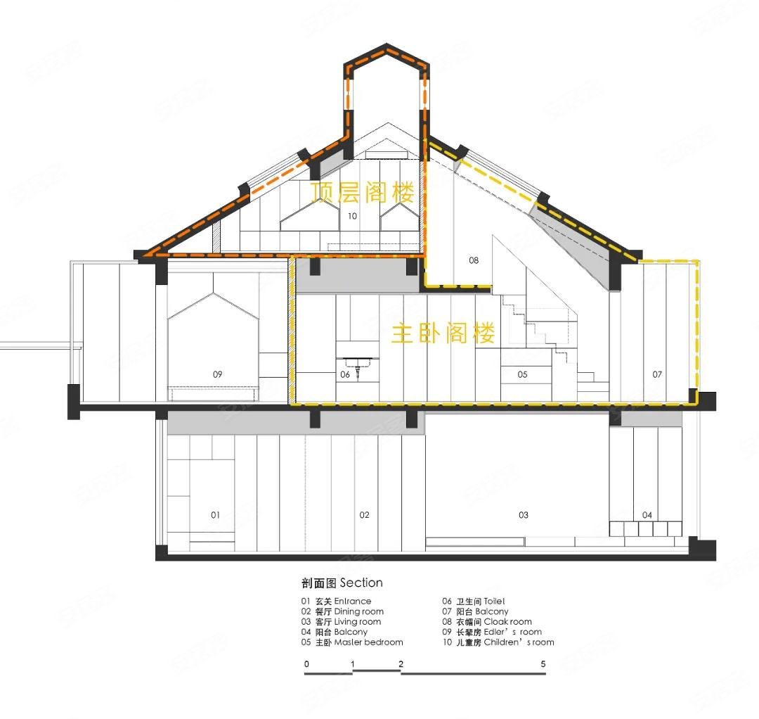 设计师 利用既有的坡屋顶结构,转化为三个阁楼空间