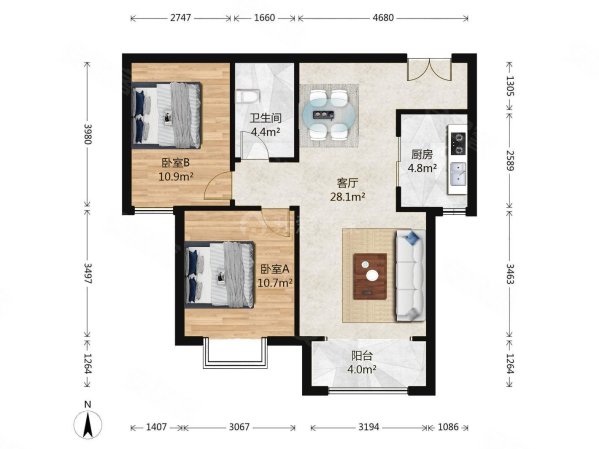 北京新天地(东区)2室1厅1卫91.05㎡南465万