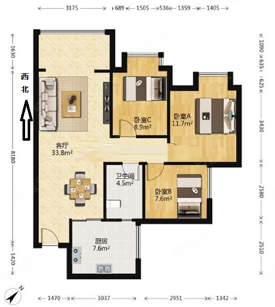 汇景新城3室2厅1卫90.84㎡南北108万