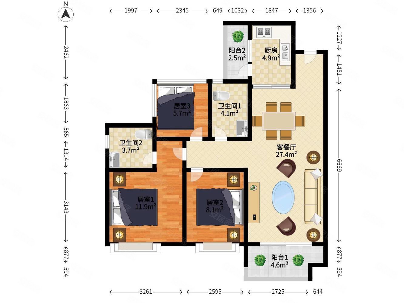 绿地大都会3室2厅2卫89.26㎡南188万