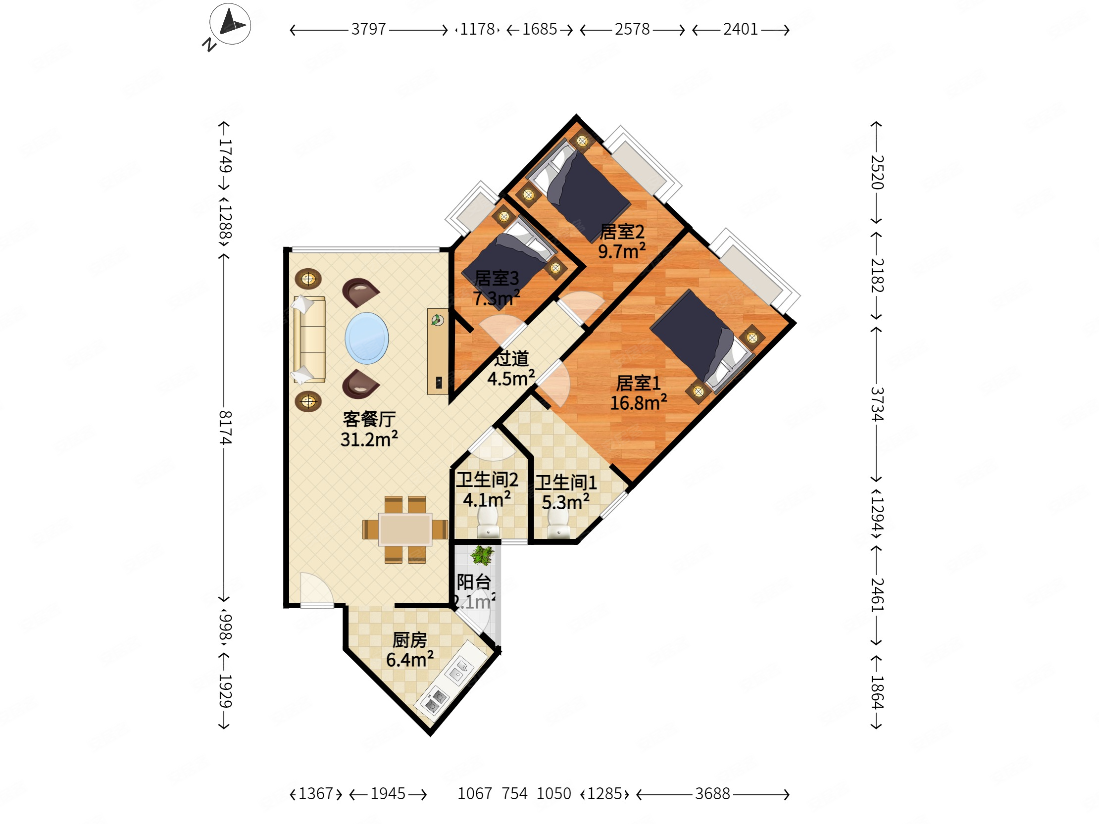 皇都广场3室2厅2卫108.41㎡南北0万