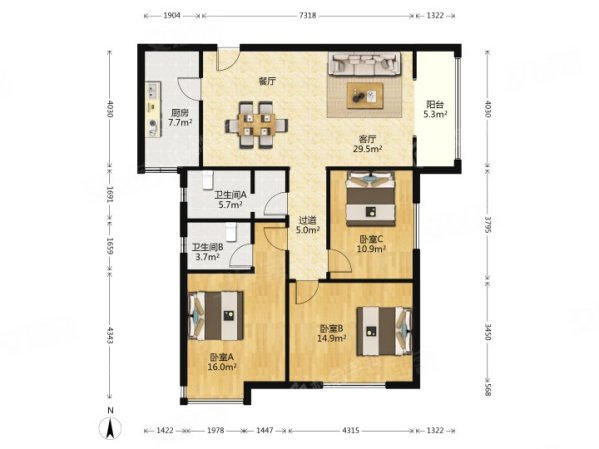 中央领域(北区)3室2厅2卫131.22㎡南109万