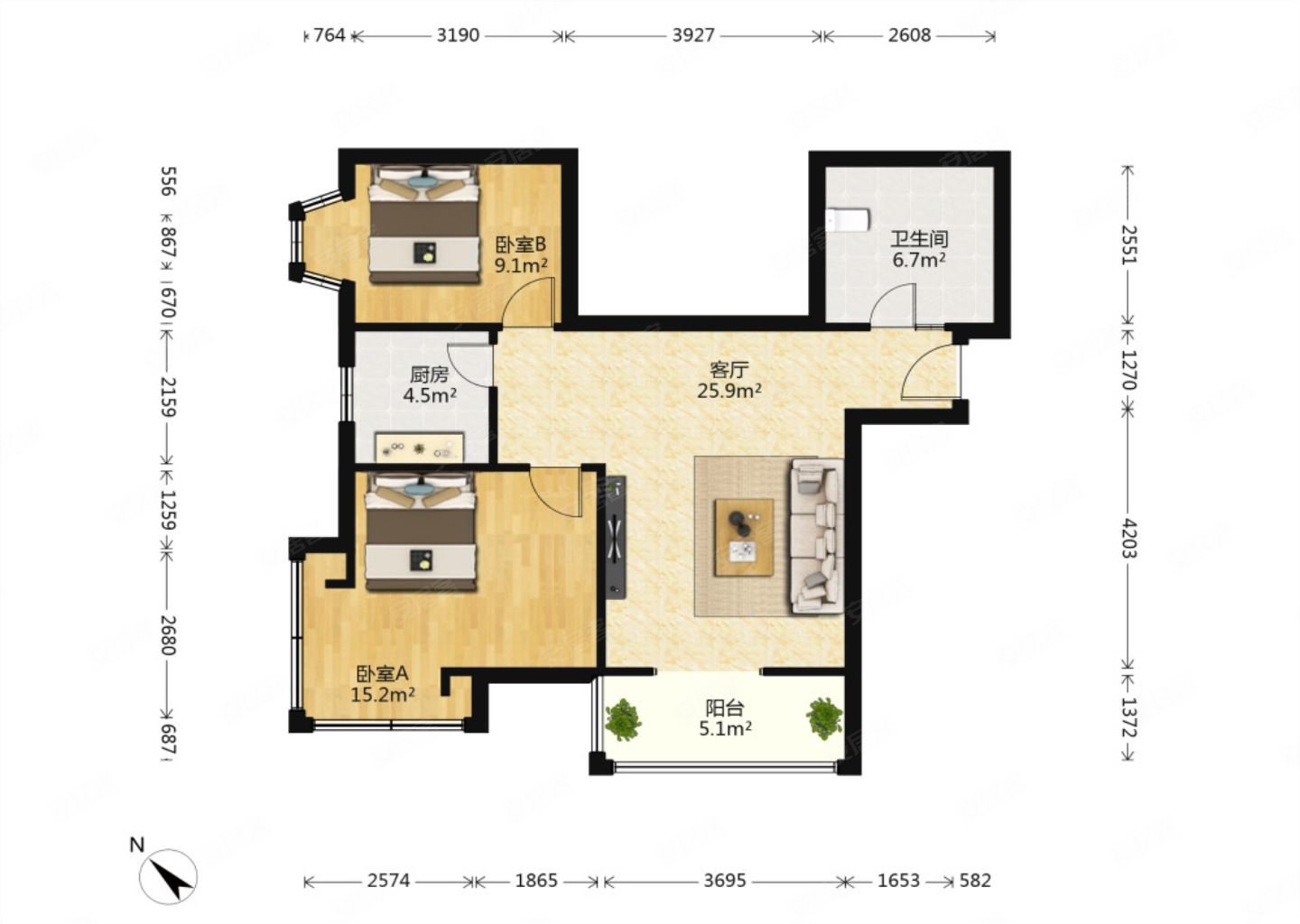 成都现代城2室1厅1卫83.37㎡南北166万