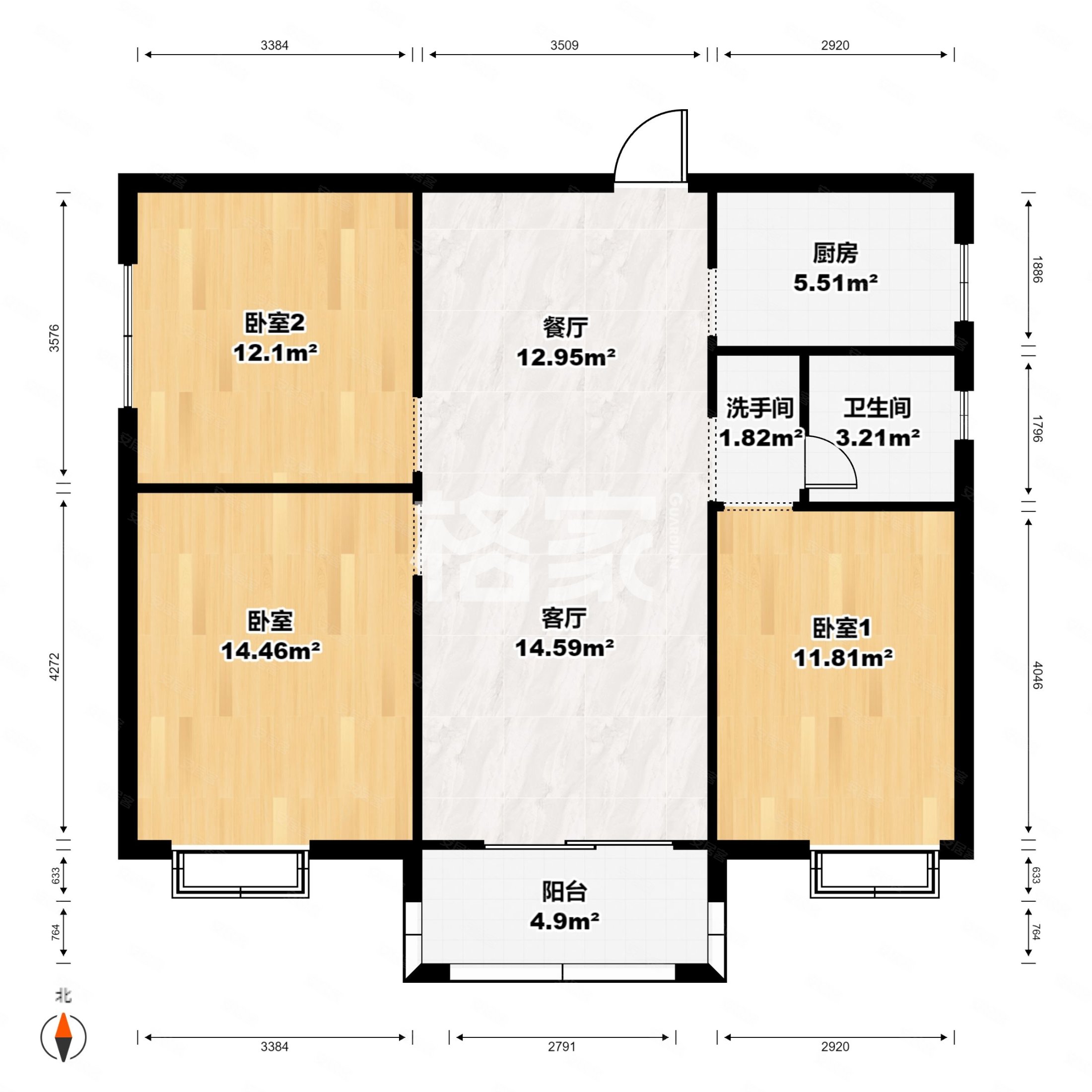 官山花园3室2厅1卫110㎡南北156万